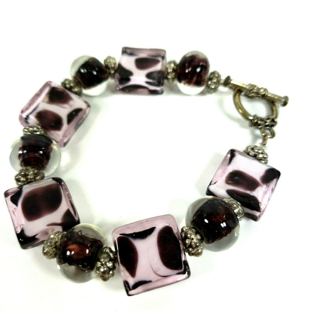 Purple Glass Bracelet Square Round Glass Beads Dot